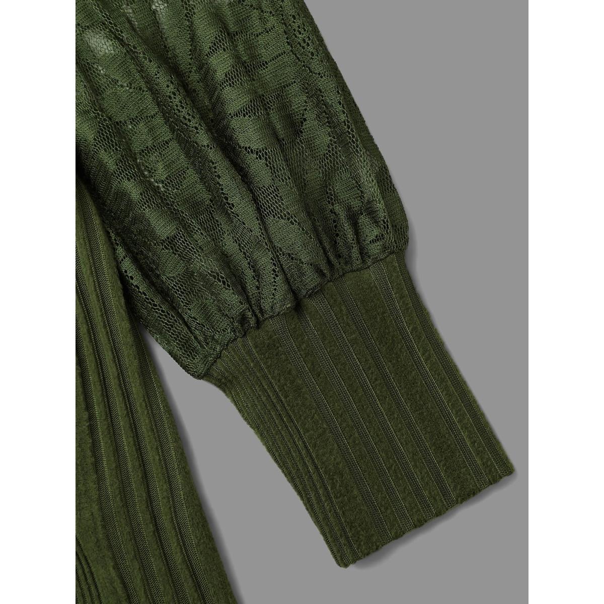 Plus Size Texture Lace Patchwork Mesh T-shirt DarkGreen Women Elegant Texture Round Neck Everyday T-shirts BloomChic 12/L Product Image