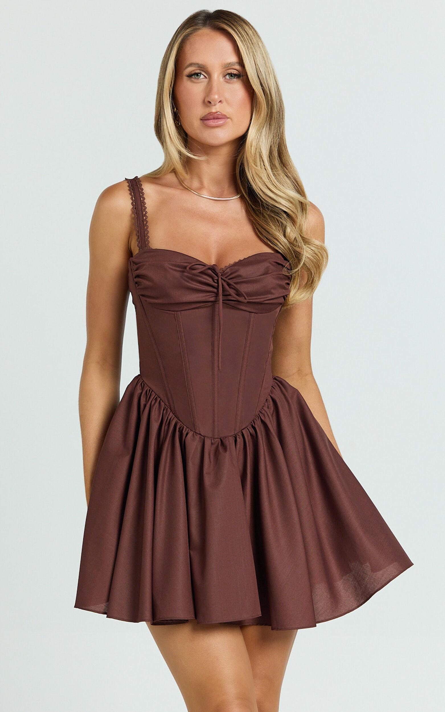 Jonas Mini Dress - Corset Ruched Lace Trim Dress in Chocolate Product Image