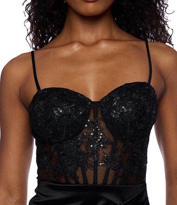 B. Darlin Sequin Embroidered Mesh Corset Bodice Faux Wrap Satin Skirted Midi Dress Product Image