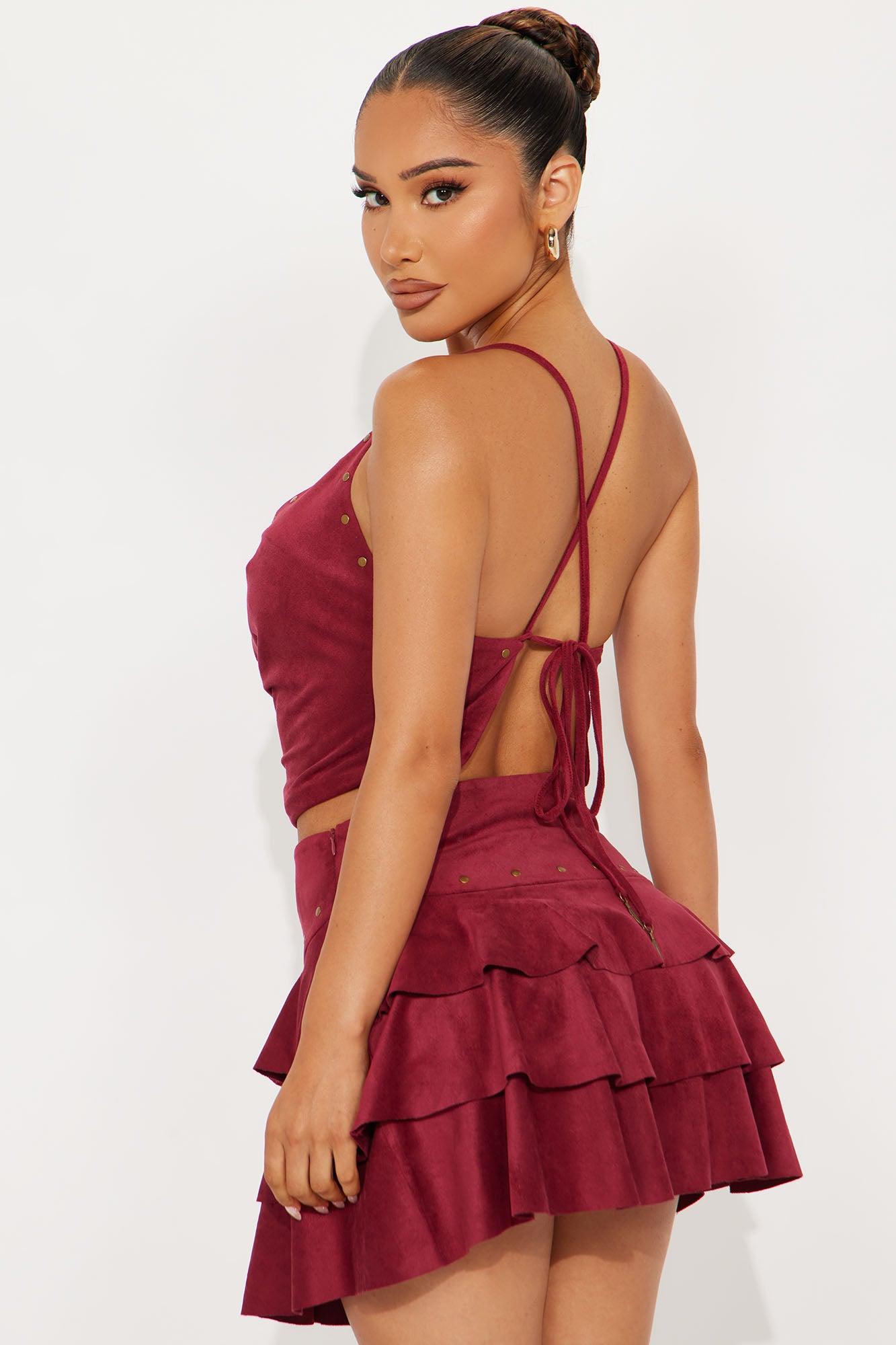 Miranda Faux Suede Mini Skirt Set - Burgundy Female Product Image