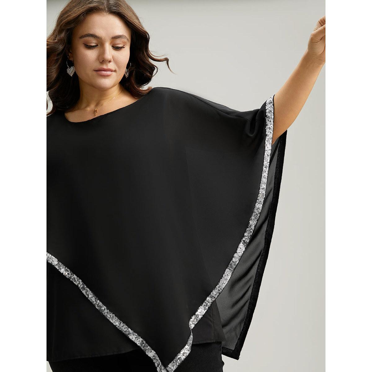 Plus Size Black Sequin Patchwork Asymmetrical Dolman Sleeve Blouse Women Glamour Half Sleeve Round Neck Festival-Christmas Blouses BloomChic 26/4X Product Image