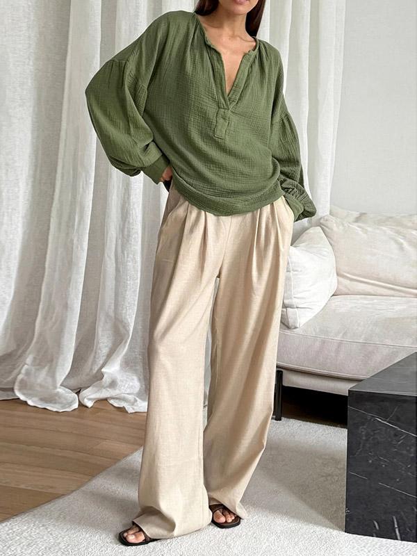 Loose Puff Sleeves Pleated Solid Color Split-Joint V-Neck Blouses&Shirts Tops Product Image