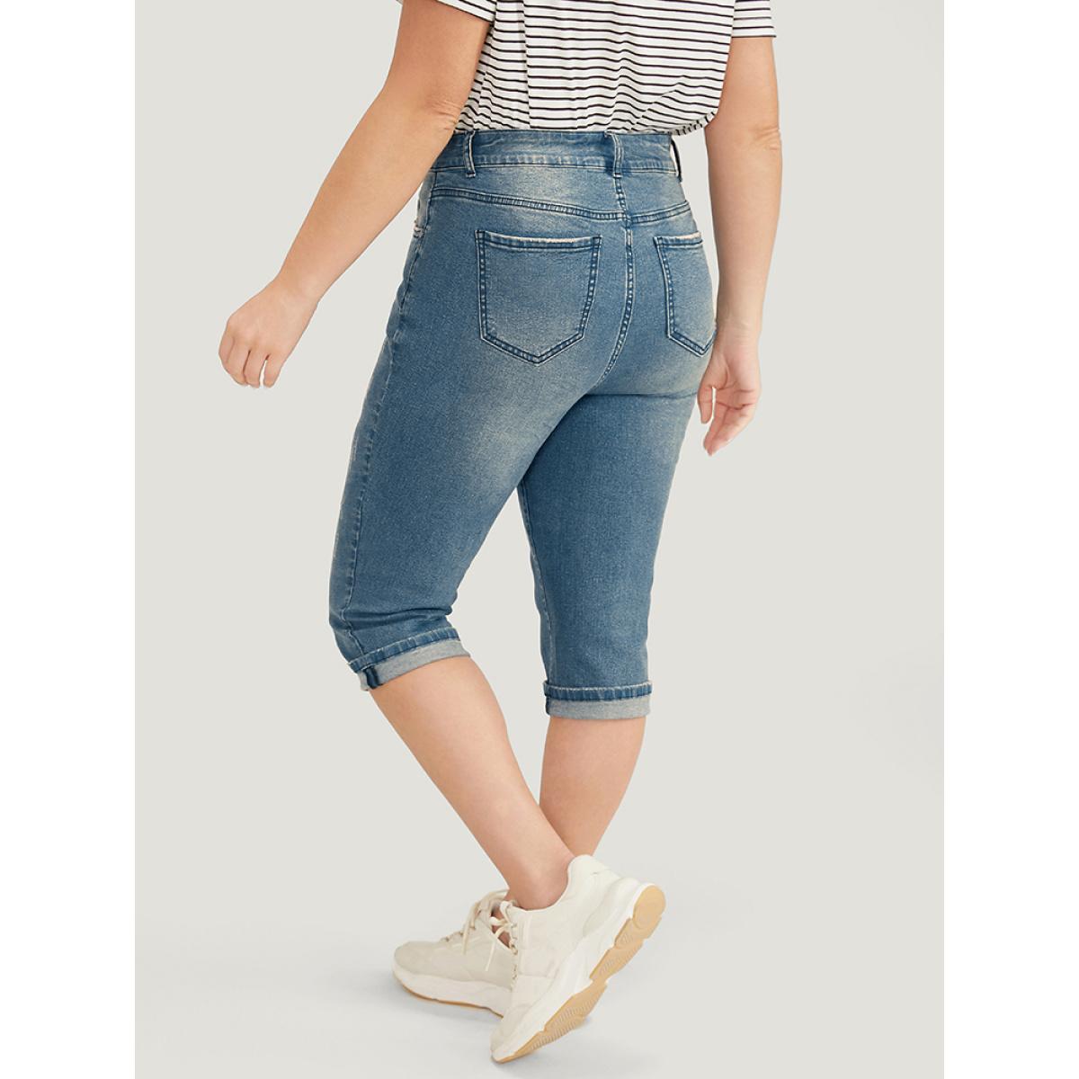 Plus Size Very Stretchy Medium Wash Roll Hem Knee Denim Shorts Women Indigo High stretch Dailywear Pocket Casual Denim Shorts BloomChic 16/1X Product Image