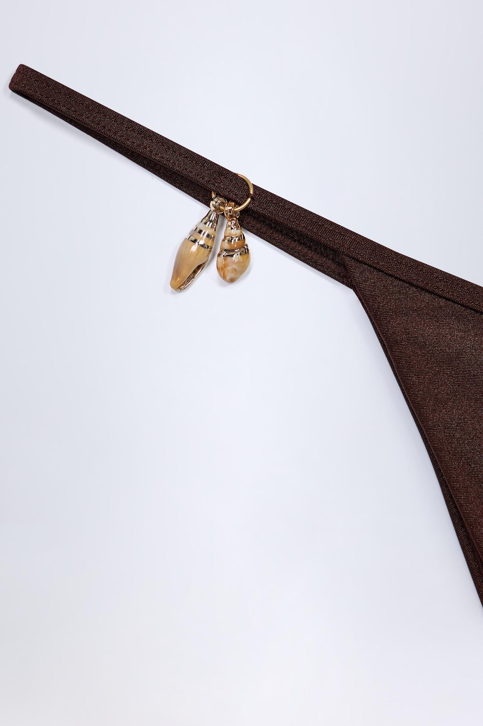 Charm-Detail Thong Bikini Bottoms in Dark Chocolate Product Image