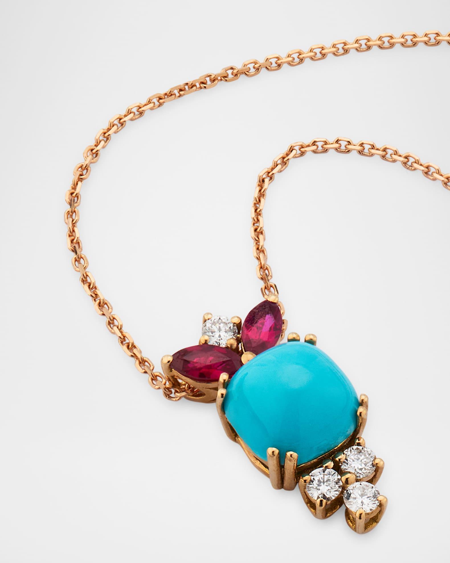 18K Rose Gold Diamond, Turquoise and Ruby Pendant Necklace Product Image