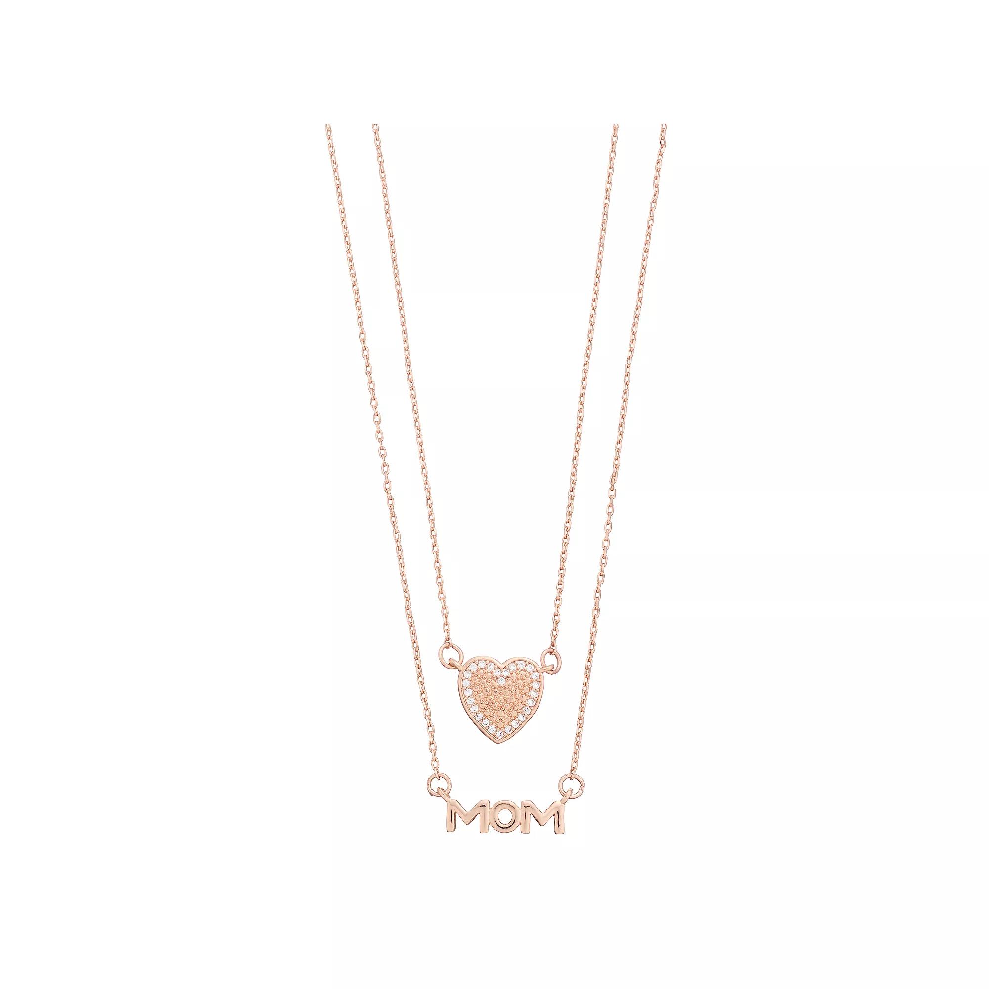City Luxe "Mom" & Cubic Zirconia Heart Necklace Set, Women's, Rose Gold Tone Clear Product Image