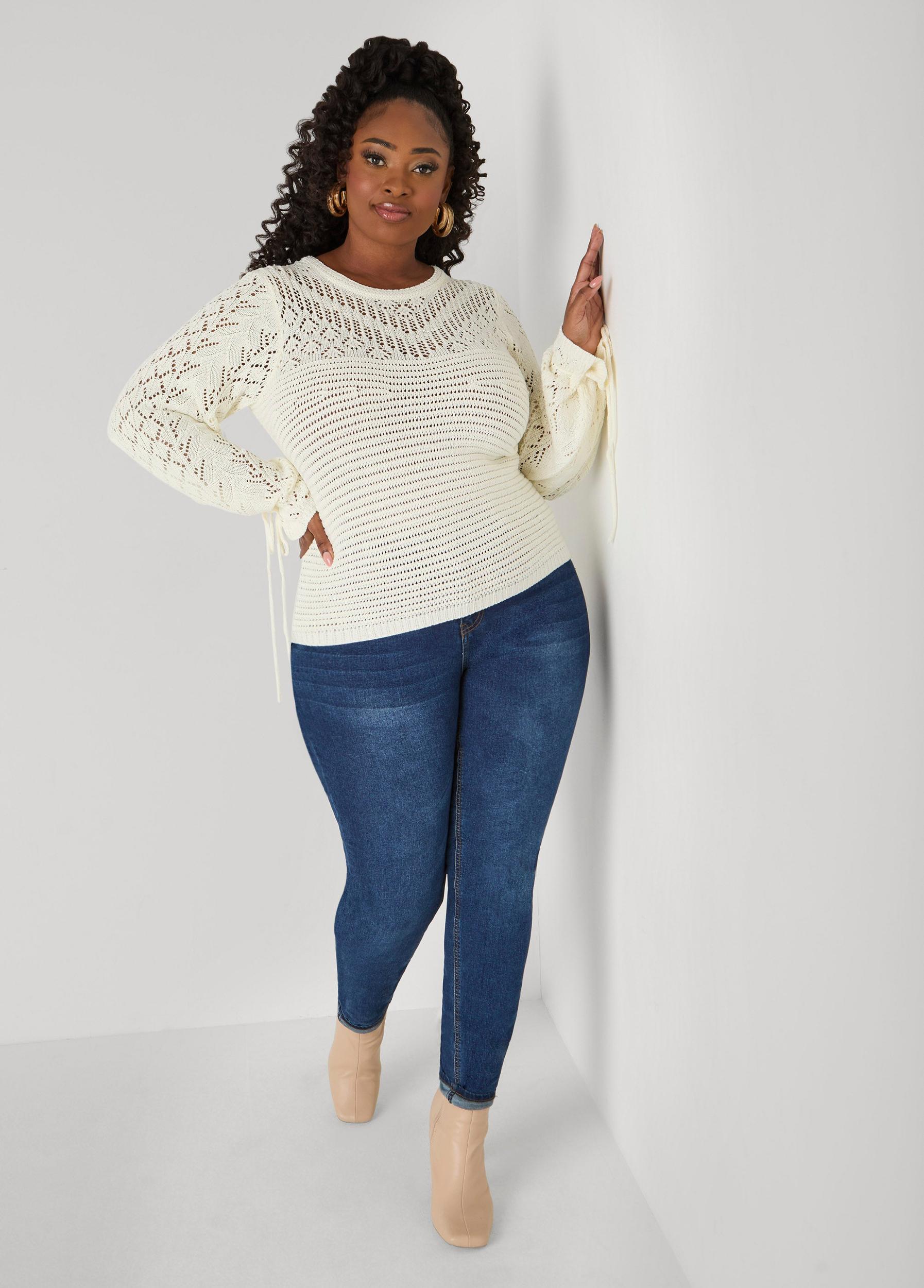 Plus Size Drawstring Crochet Sweater Ashley Stewart Product Image