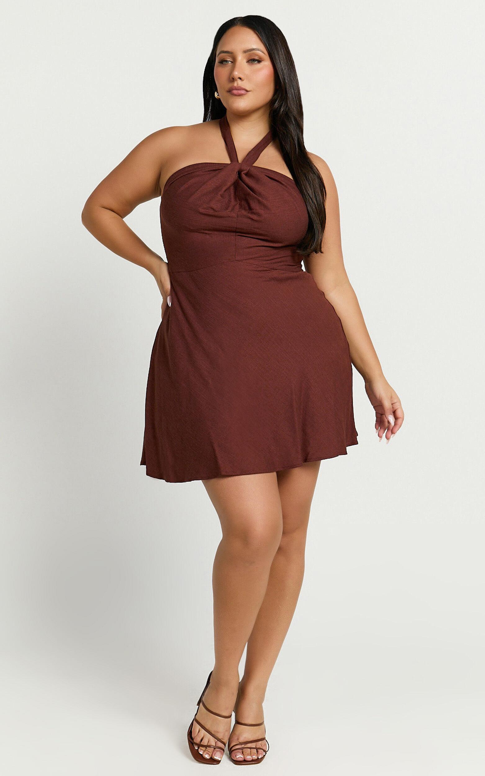 Louie Mini Dress - Linen Halter Neck Dress in Chocolate Product Image
