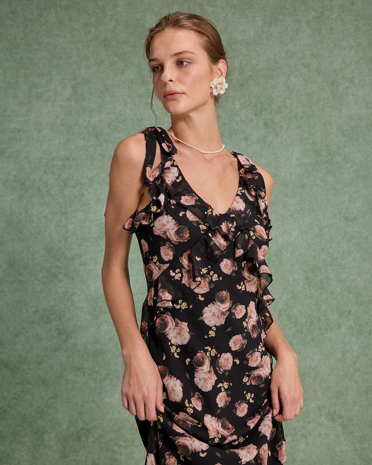 Black Floral Ruffle Sleeveless Maxi Dress Product Image