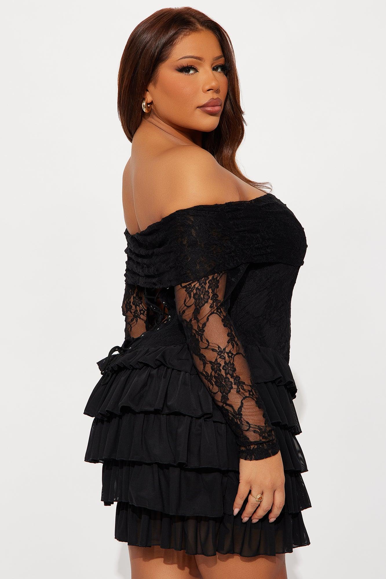 Elsie Ruffle Lace Mini Dress - Black Female Product Image
