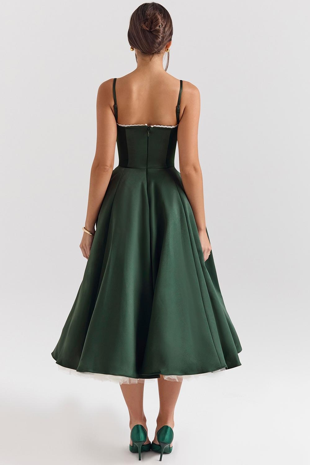 Mademoiselle  forest green satin tulle midi dress Product Image