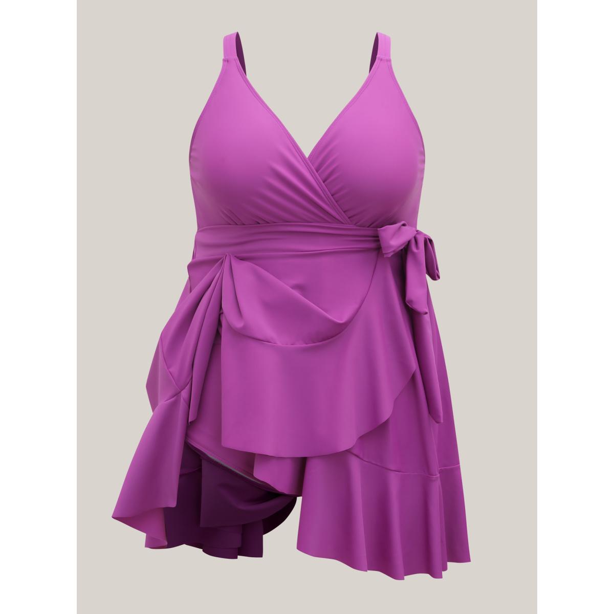 Plus Size Flared Hem Waist-Tie Surplice Swim Dress Women's Swimwear Deeppurplered Beach Bodycon Overlap Collar High stretch Curve Swim Dresses BloomChic 26/4X Product Image