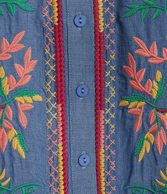 Calessa Petite Size Embroidered Tencel Split Neck 3/4 Sleeve Button Front Tunic Product Image