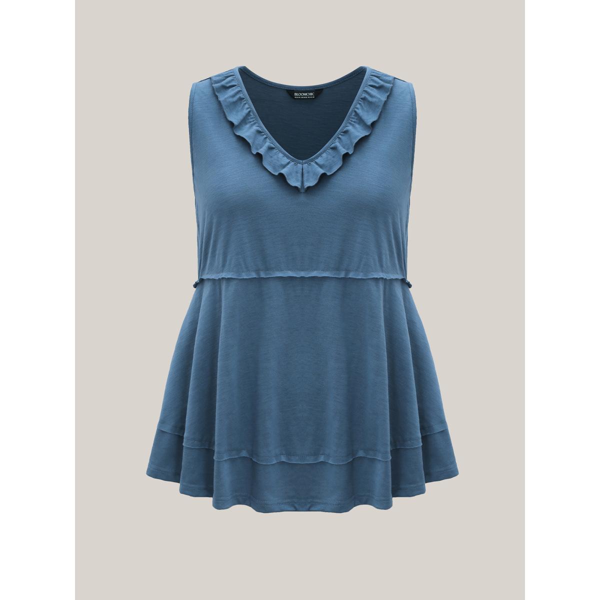 Plus Size Lotus Neckline Bamboo Tank Top Women Mediumblue Resort Tucked seam V-neck Vacation Tank Tops Camis BloomChic 18-20/2X Product Image