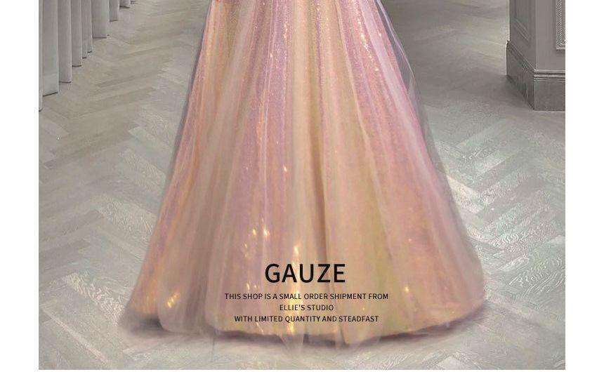 Short-Sleeve Off Shoulder Iridescent A-Line Evening Gown Product Image