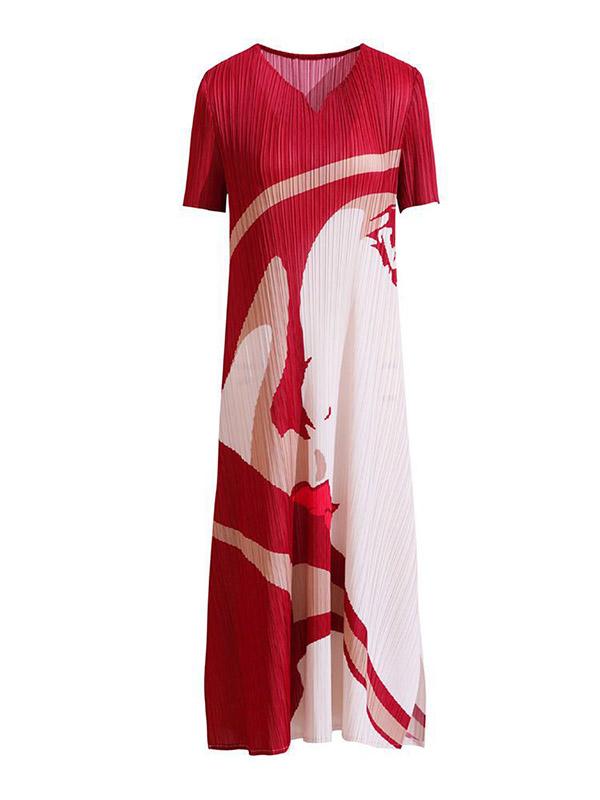 A-Line Loose Figure Pleated V-Neck Midi Dresses Product Image