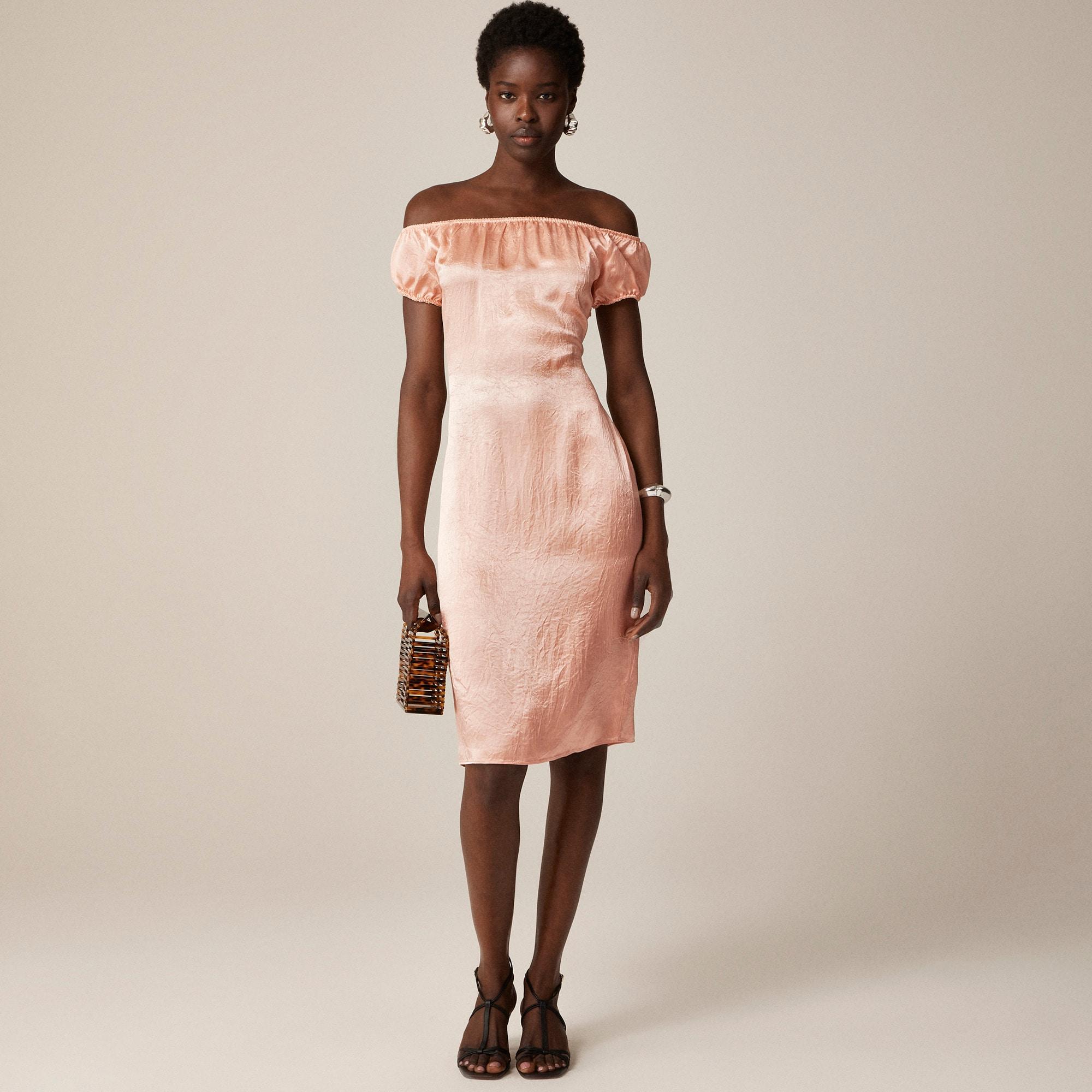 Off-the-shoulder slip dress in textured satin Product Image