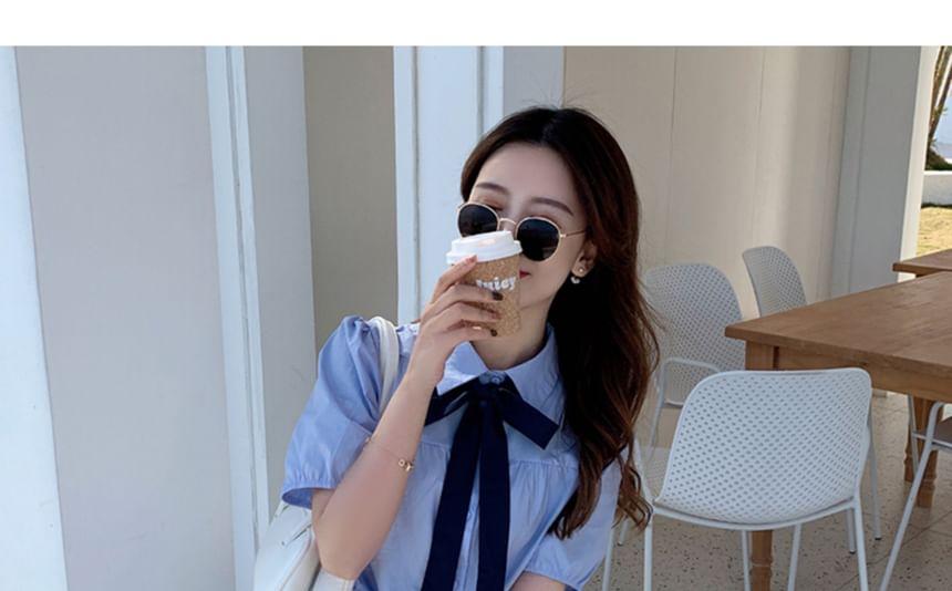 Maternity Short-Sleeve Collared Bow Tie A-Line Shirt Dress Product Image