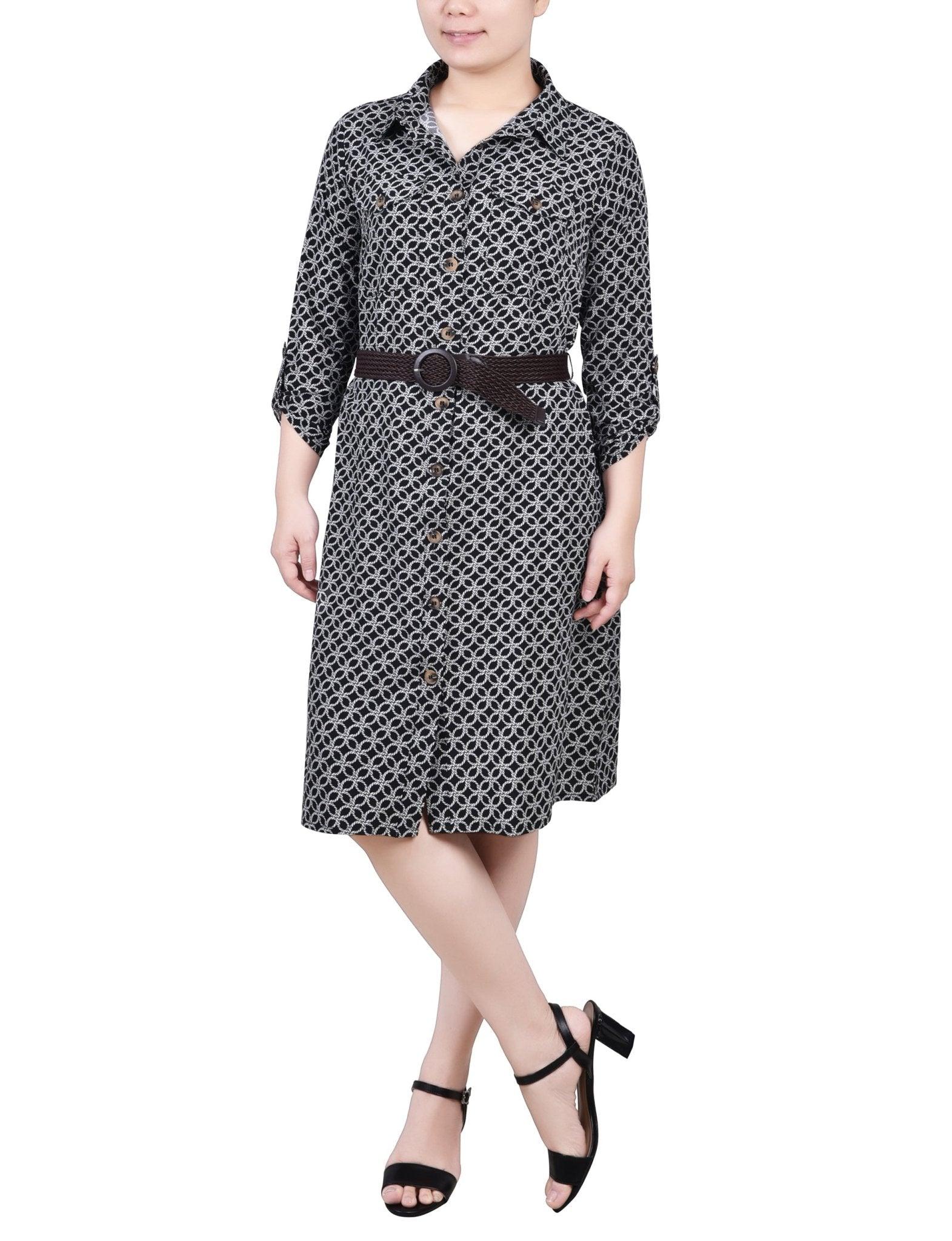 Black White Rope Iconic 3/4 Roll Tab Sleeve Shirtdress - Petite Product Image