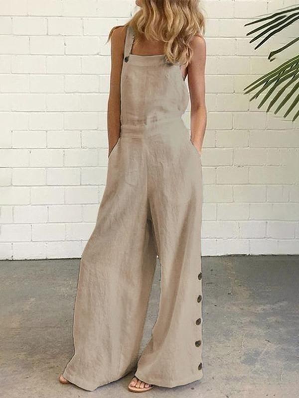 High Waisted Loose Buttoned Pockets Solid Color Spaghetti-Neck Overalls Product Image