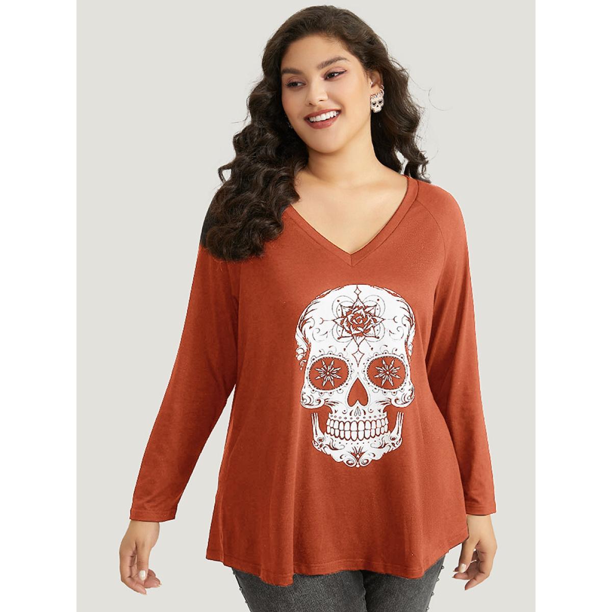 Plus Size Halloween Skull Print Long Sleeve T-shirt Chocolate Women Casual Printed Halloween Festival-Halloween T-shirts BloomChic 14-16/1X Product Image
