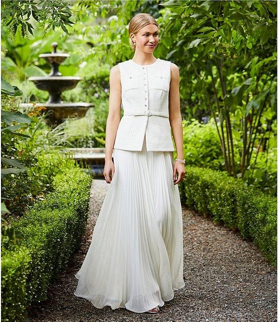 Taylor Knit Boucle Crew Neck Sleeveless Gold Foil Pleated Skinny Belt A-Line Dress Product Image