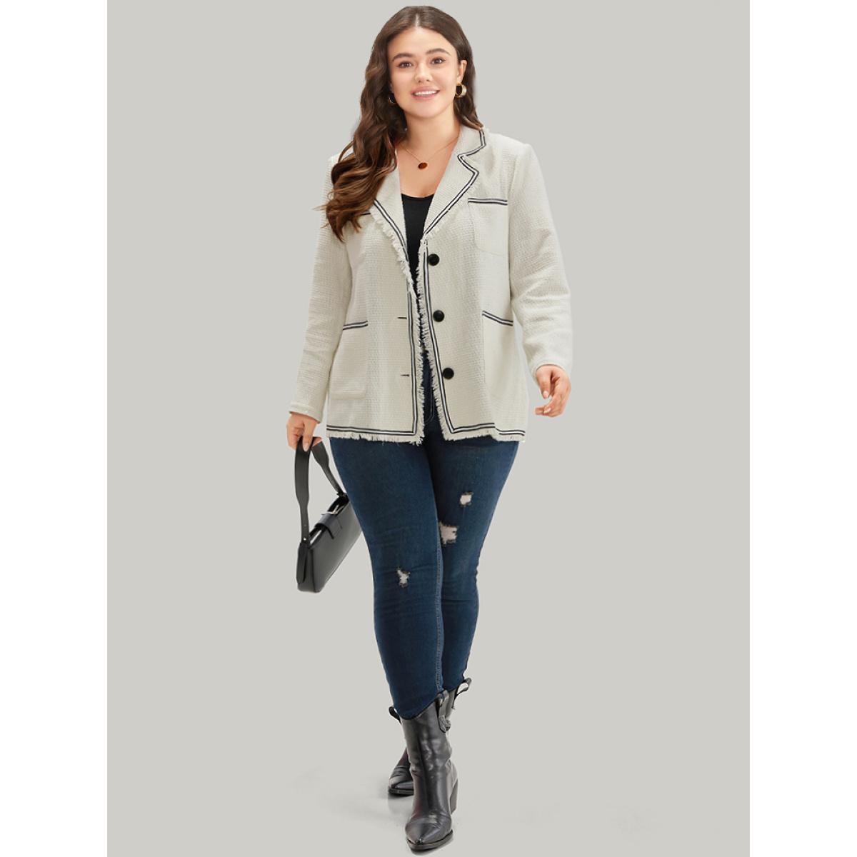 Plus Size Lapel Collar Tweed Contrast Fuzzy Trim Blazer White Women Office Plain Texture Sleeve Long Sleeve Lapel Collar 18-20/2X Pocket Office Blazers BloomChic Product Image