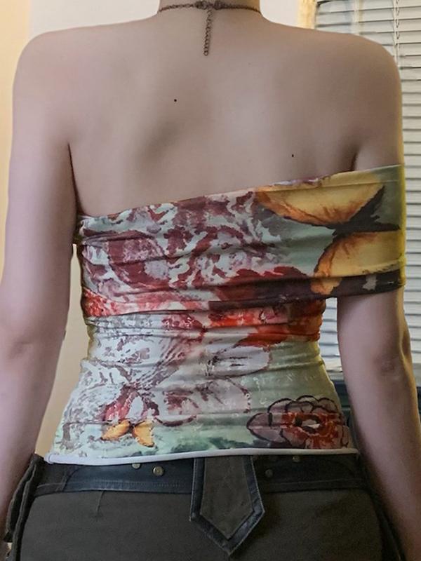 One Shoulder Vintage Print Tank Top Product Image