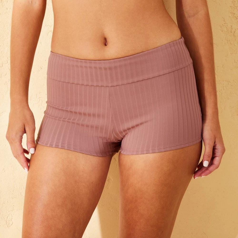 Women's Ribbed Mid-Rise Swim Shorts - Shade & Shore™ Mauve XS: Solid Pattern, Pull-On Waist, Stretch Fabric, Medium Coverage Product Image