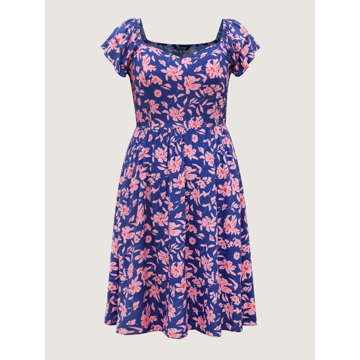 Plus Size Rayon Silhouette Flower Ruffled Sleeve Midi Dress Multicolor Women Romantic V-neck Cap Sleeve Curvy BloomChic 28/5X Product Image