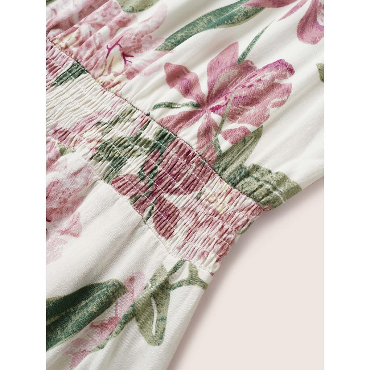 Plus Size Floral Print Elastic Waist Shirred Dress White Women Elegant Non V-neck Short sleeve Curvy Midi Dress BloomChic 10/M Product Image