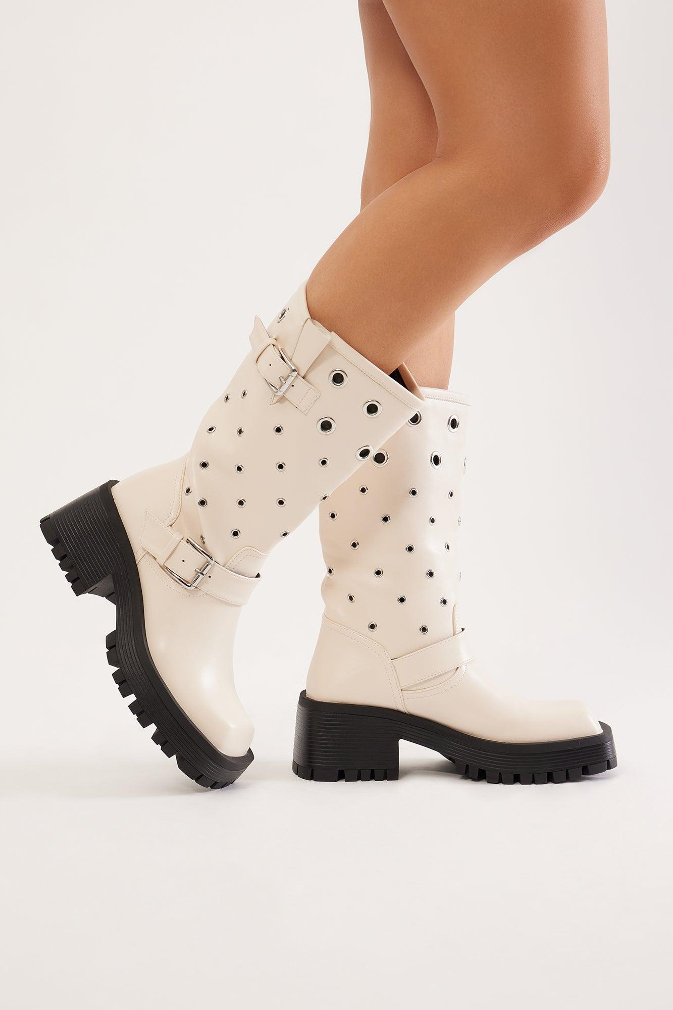 Rowley Grommet Knee High Boots - Off White Product Image