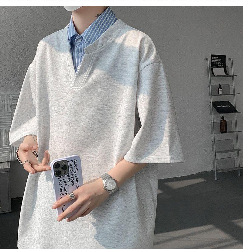 Set: Short Sleeve Collared Striped Mock Two Piece Top + Elastic Waist Plain Sweat Shorts Product Image