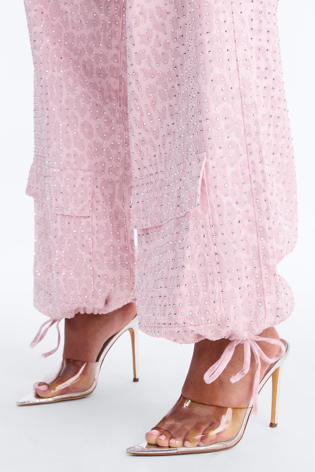 Look Don't Talk Embellished Leopard Jogger Pant - Pink Female Product Image