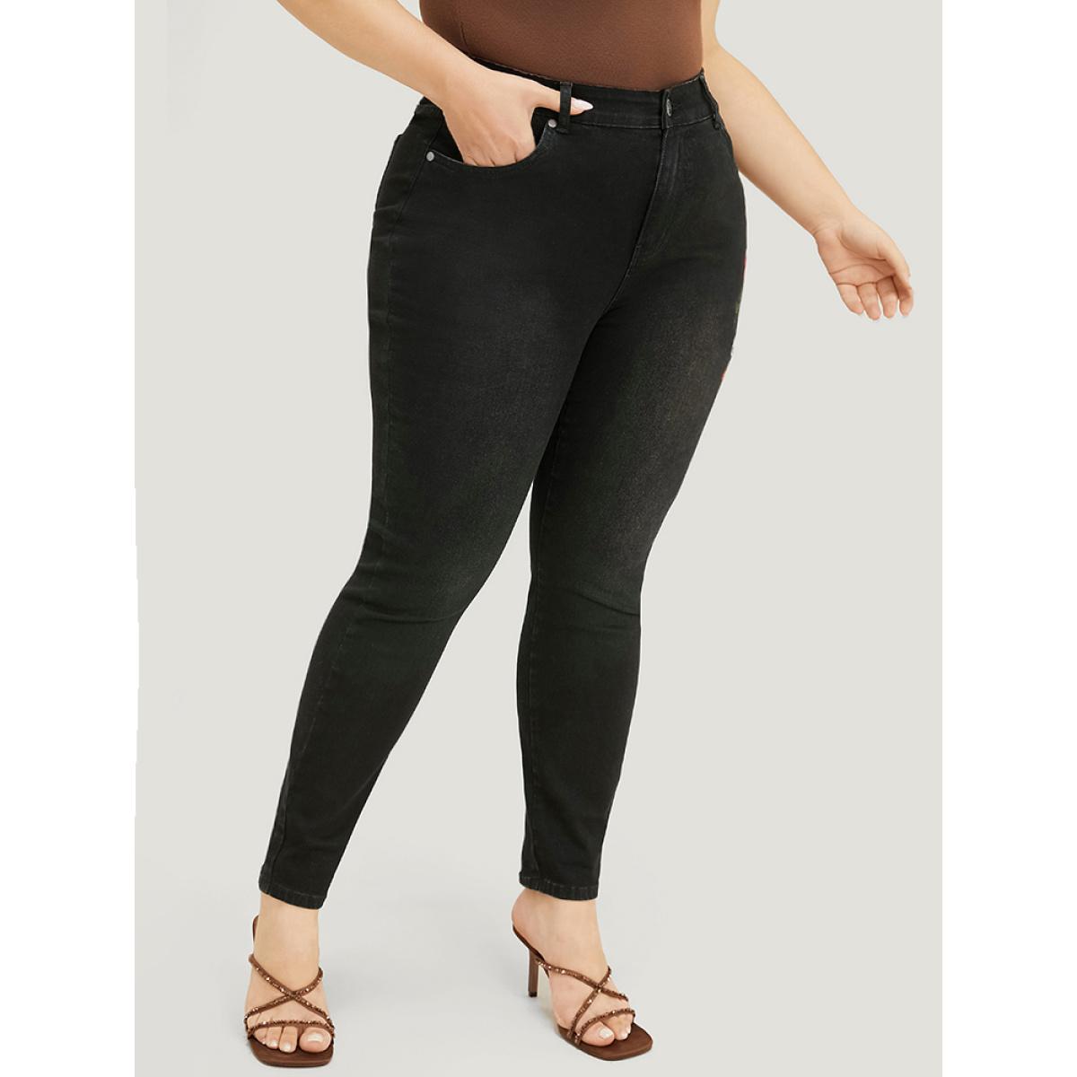 Plus Size Very Stretchy High Rise Black Wash Floral Embroidered Jeans Women Black Casual Plain Embroidered High stretch Pocket Jeans BloomChic 18/2X Product Image