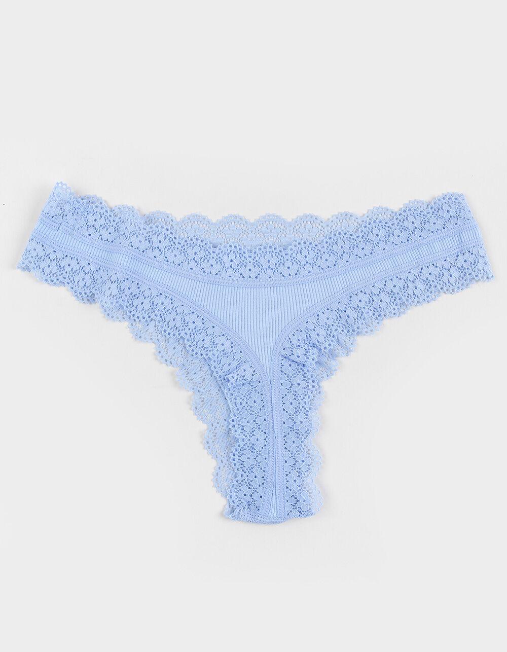 FULL TILT Seamless Rib Lace Trim Thong - BLUE Product Image