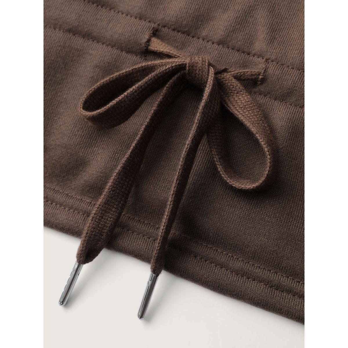 Plus Size Drawstring Mixed Material Button Hoodie Women DarkBrown Leisure Texture Hooded Casual Sweatshirts BloomChic 18-20/2X Product Image