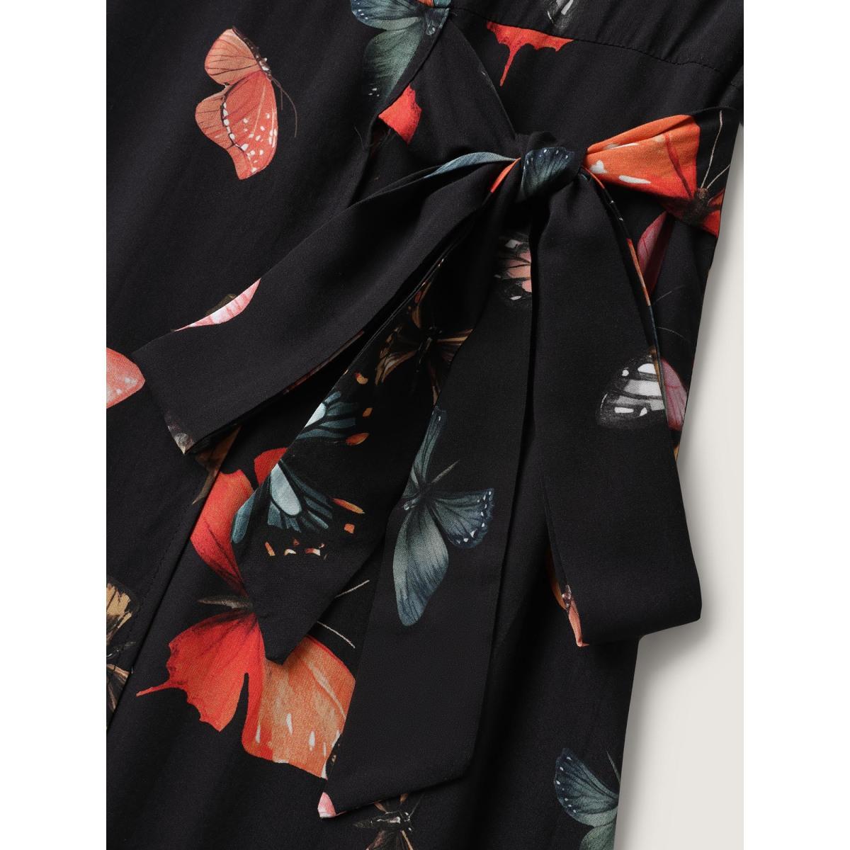 Plus Size Butterfly Print Side Tie Pockets Midi Dress Black Women Overlap Collar Elbow-length sleeve Curvy BloomChic 18-20/2X Product Image