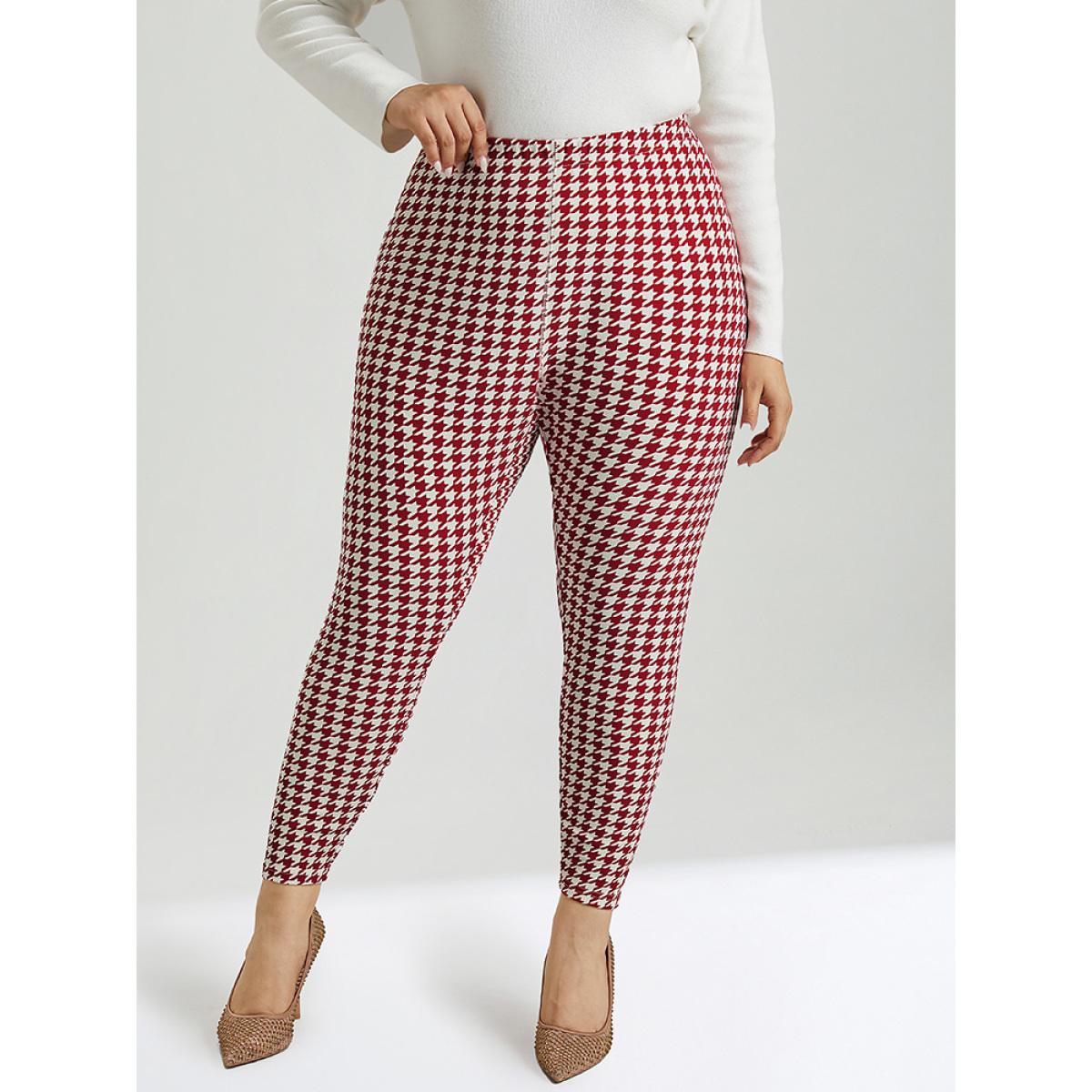 Plus Size Christmas Houndstooth Elastic Waist High Rise Leggings Women Raspberry Elegant High stretch Skinny High Rise Dailywear Leggings BloomChic 26/4X Product Image