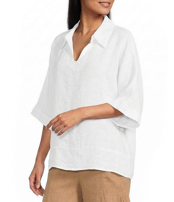 M Made In Italy Linen Johnny Collar Elbow Length Sleeve Cape Shirt Product Image