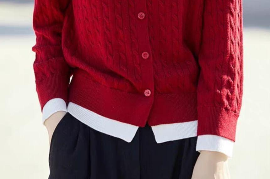 Collar Two Tone Cable-Knit Cardigan Product Image