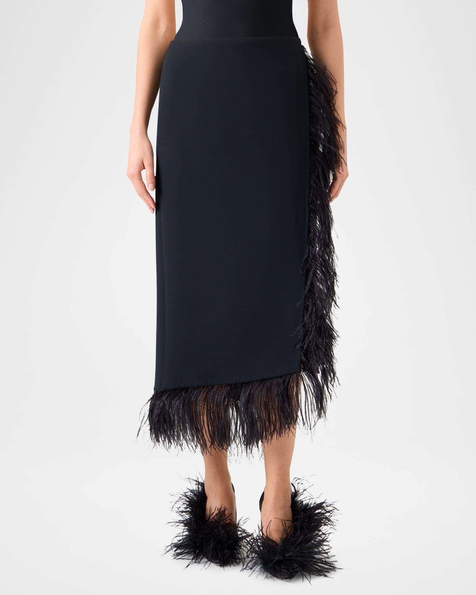 Feather-Trim Wool Stretch Double Face Midi Wrap Skirt Product Image