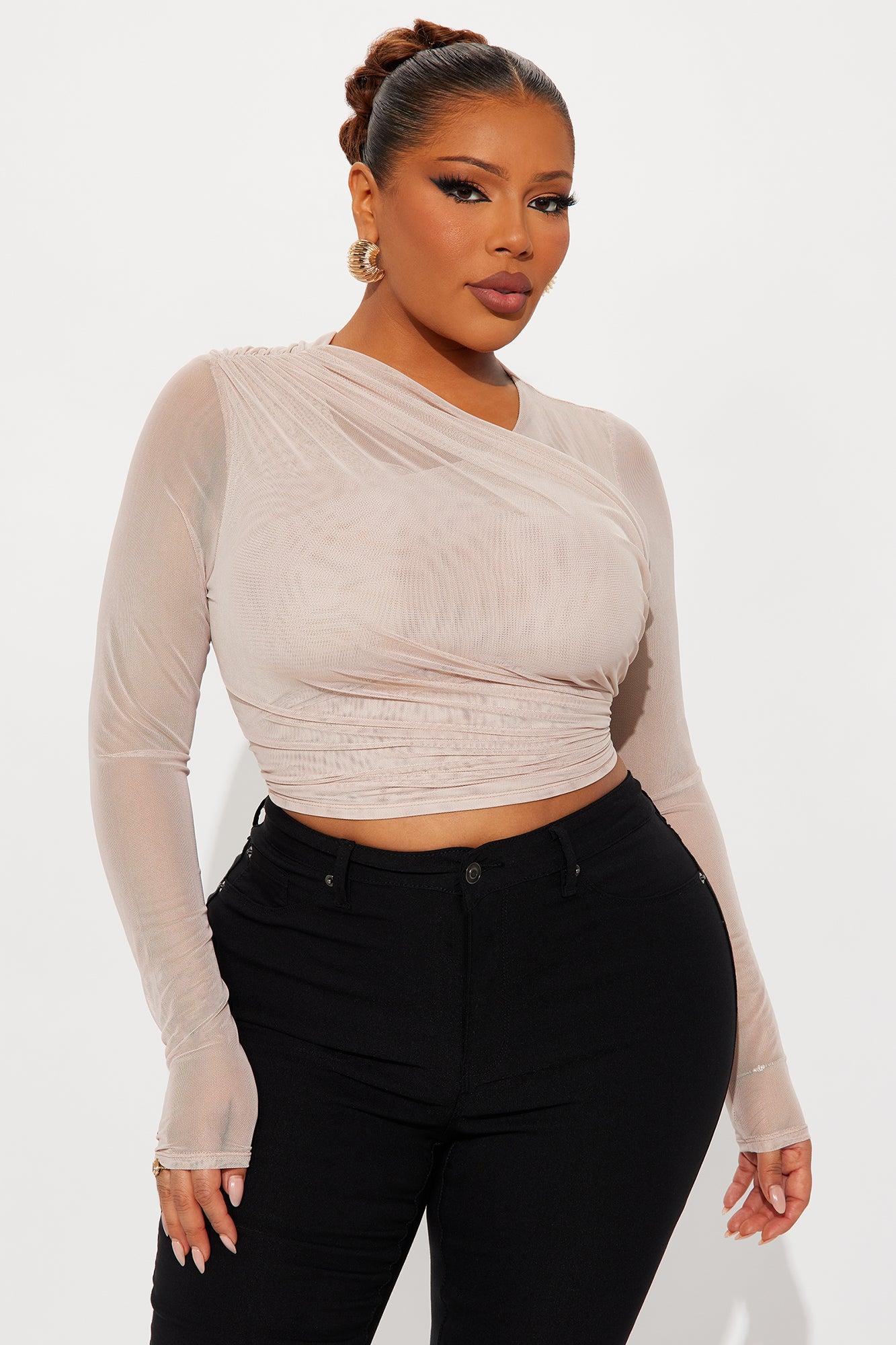 Julane Ruched Long Sleeve Mesh Top - Stone Female Product Image