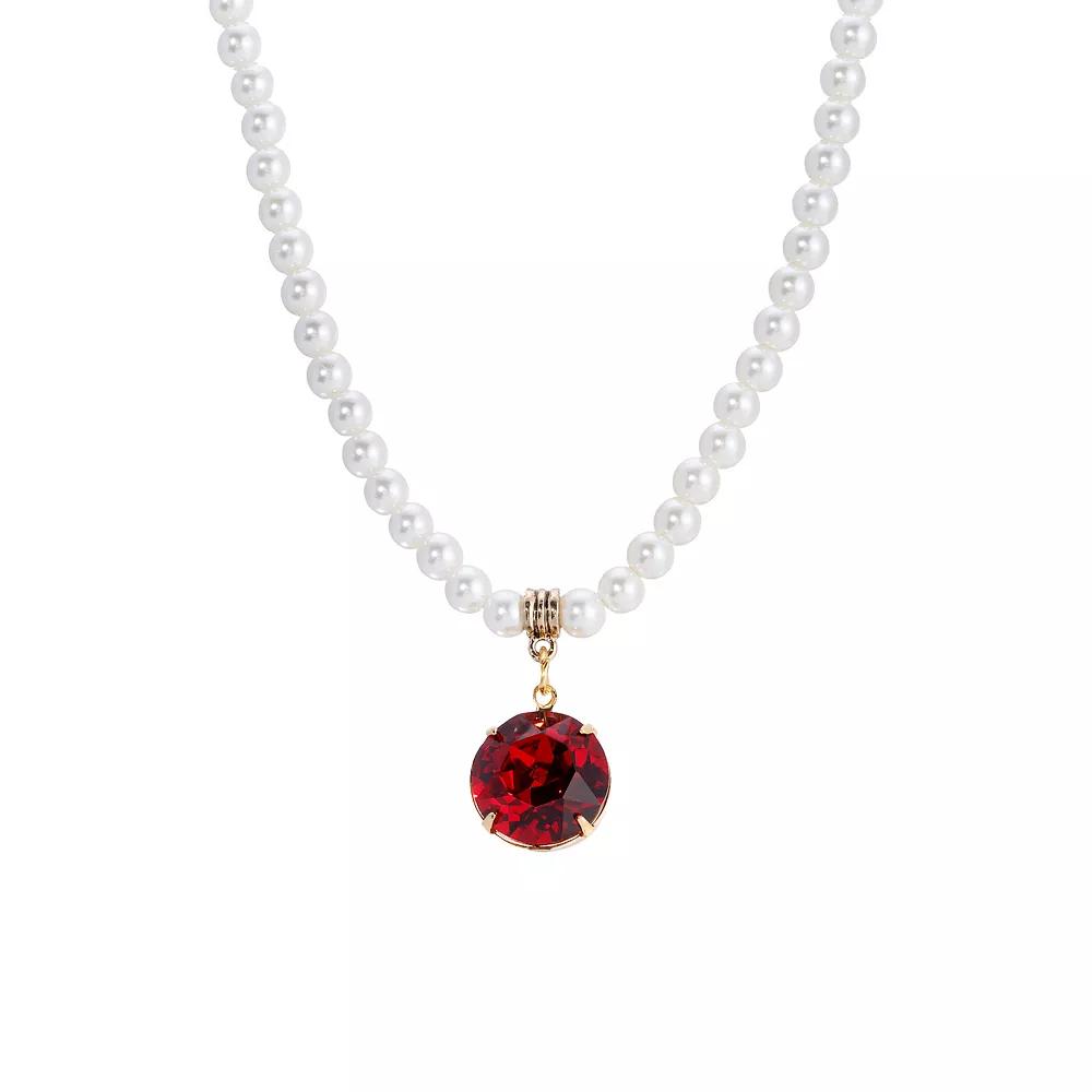 1928 Gold-Tone Red Crystal Simulated Pearl Strand Adjustable Necklace, Women's Product Image