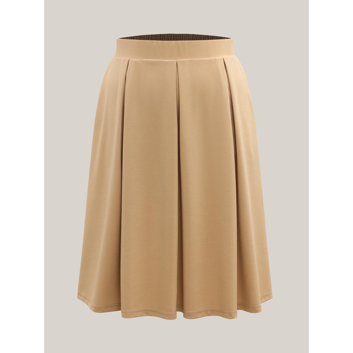 Plus Size Plain Stretchy Waist Pleated Midi Skirt Women Champagne At the Office Pleated Medium stretch Side seam pocket Work Skirts BloomChic 12/L Product Image