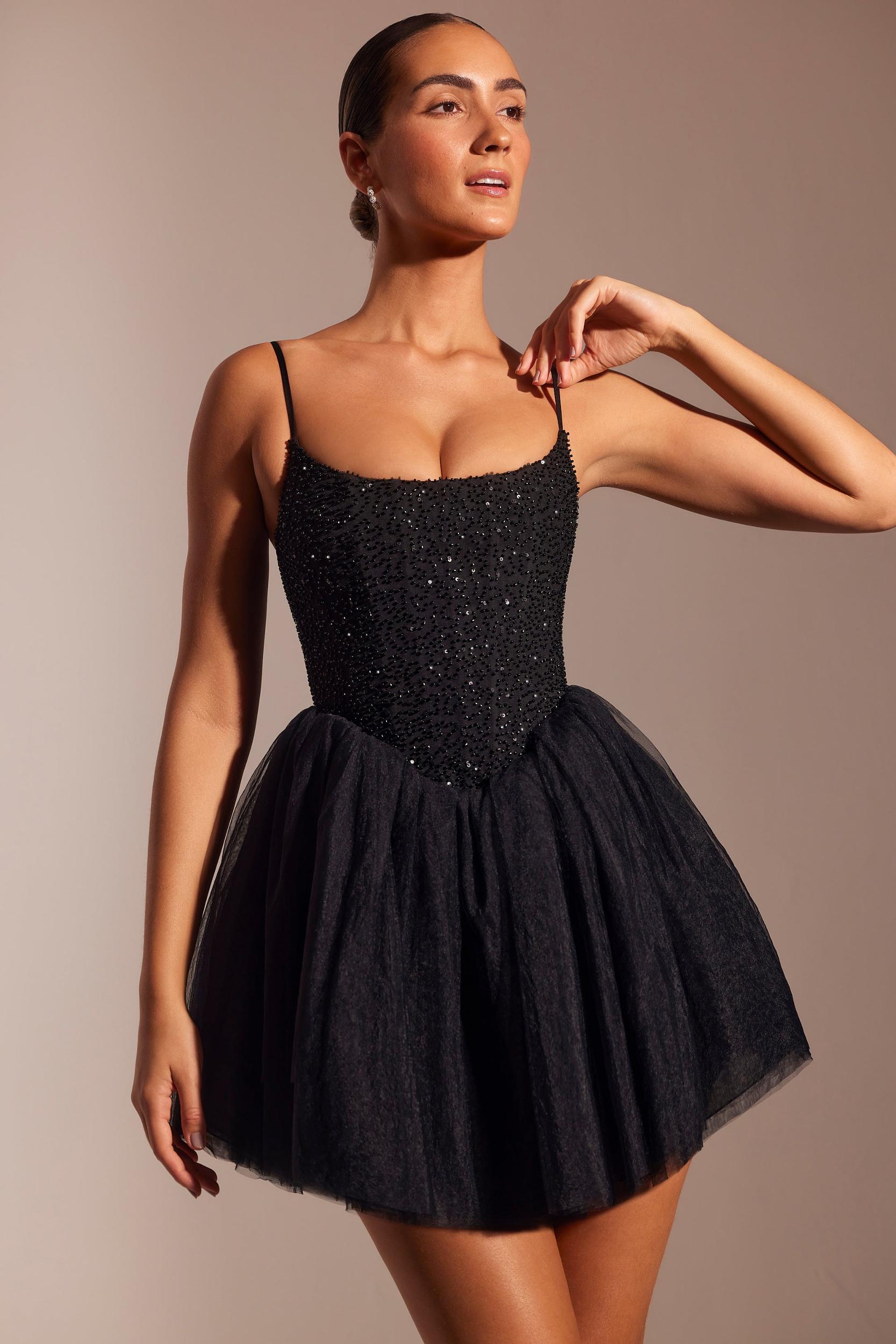 Embellished Corset Tulle Skirt Mini Dress in Black Product Image