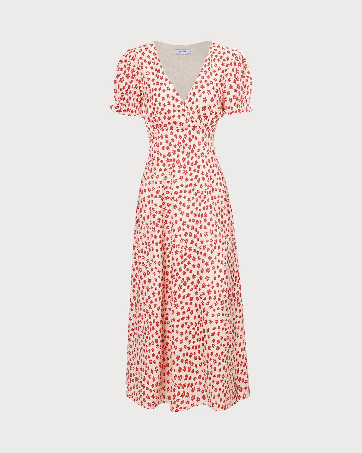 The Red V-Neck Floral Puff Sleeve Maxi Dress Product Image