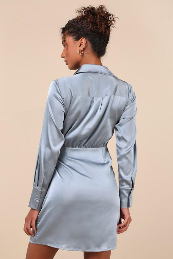 Painterly Perfection Slate Blue Satin Wrap Mini Dress Product Image