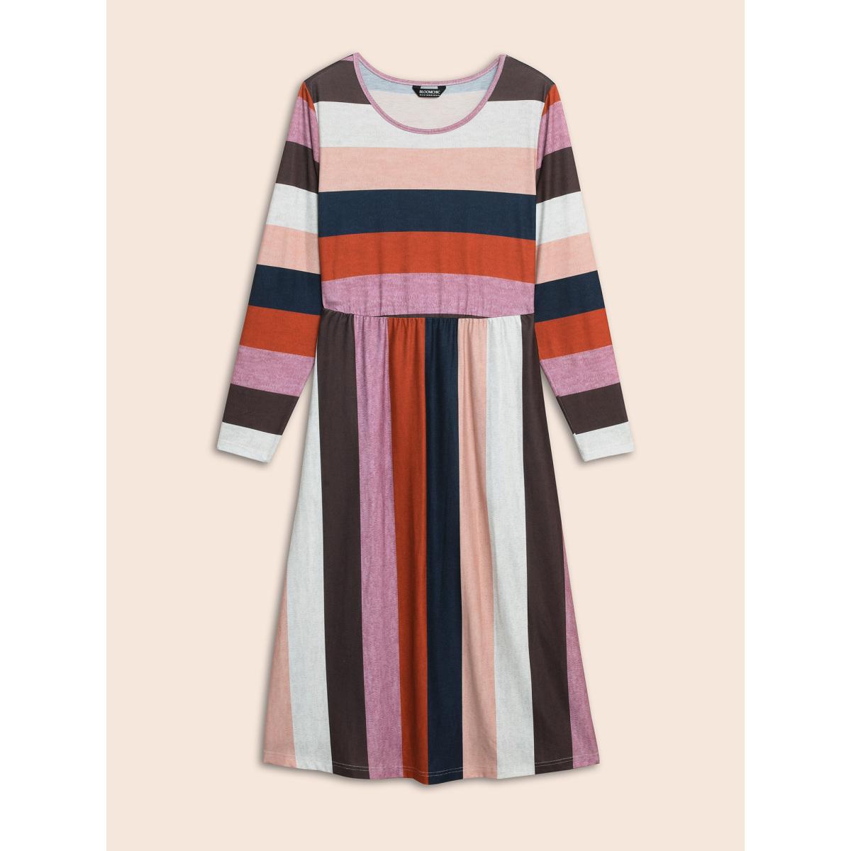 Plus Size Striped Contrast Crew Neck Knit Dress Multicolor Women Casual Contrast Knit Dresses Bloomchic 10/M Product Image