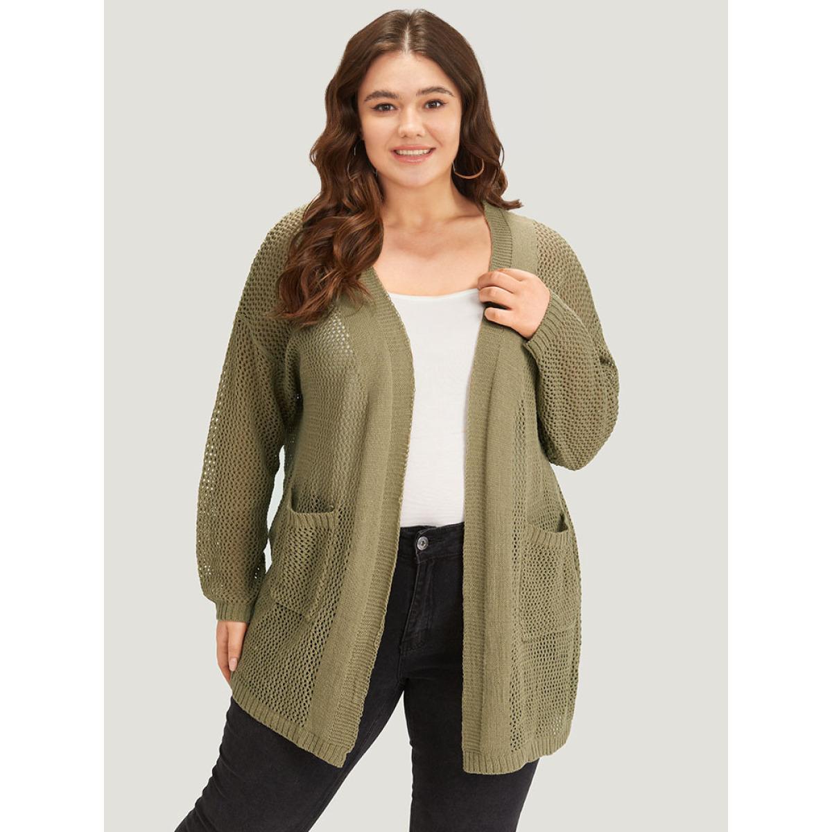 Plus Size Solid Patched Pocket Open Front Patchwork Cardigan Olive Women Casual Loose Long Sleeve Everyday Cardigans BloomChic 10/M Product Image
